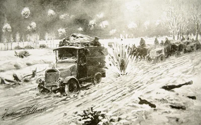 Britse transporttrein die onder zwaar artillerievuur zijn weg baant langs de met sneeuw bedekte wegen van Ieper